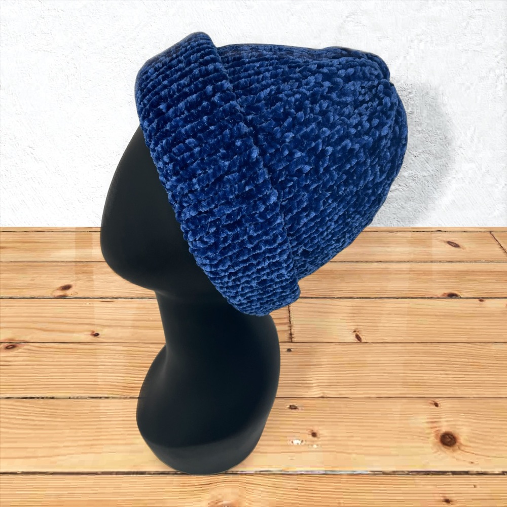 Handmade Super Soft Velvet Knit Beanie Handcrafted Hat Navy - Picture 8 of 11